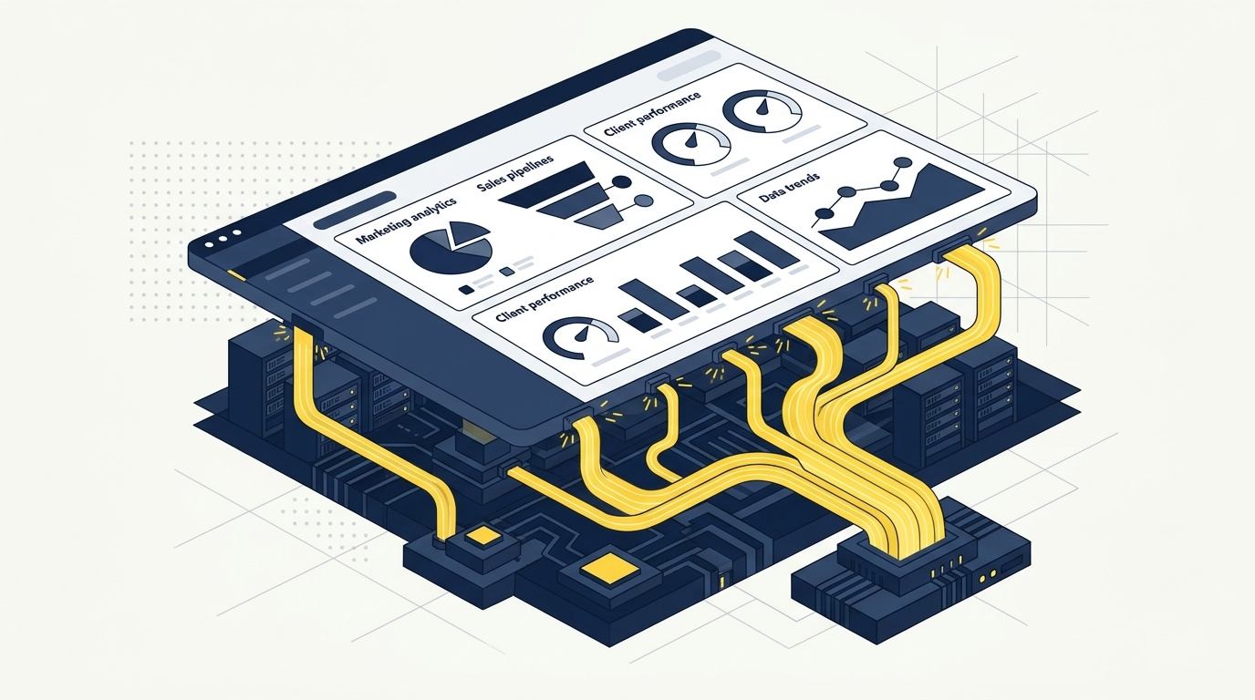 Flat geometric illustration of a generic agency dashboard being powered by an underlying autonomous network.