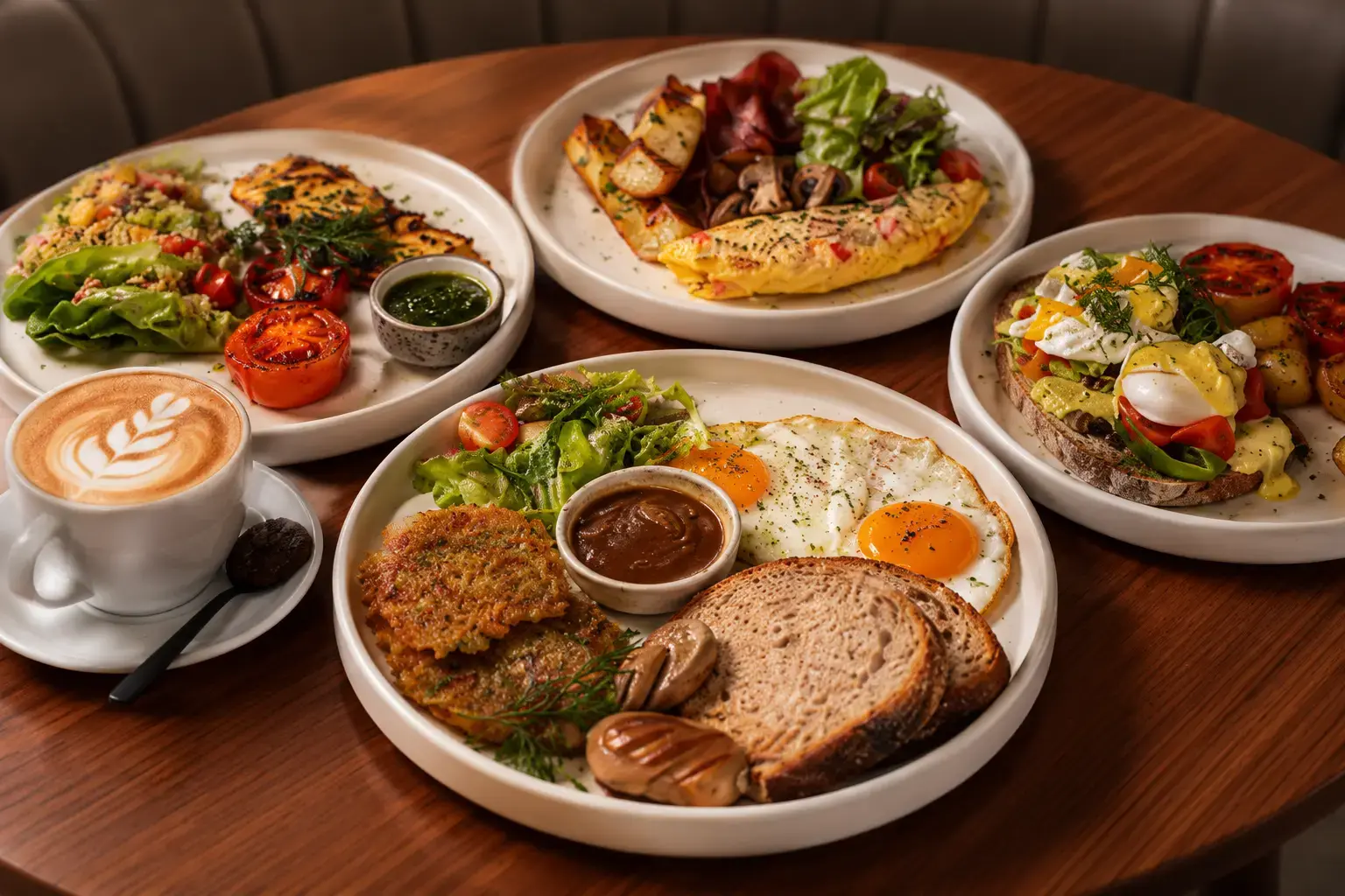 A selection of halal dishes including sushi pasta shawarma and fresh fruit at Eden Hookah Club Canggu