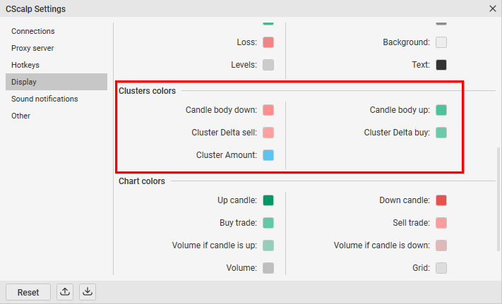 “Clusters Colors” selection in the CScalp trading terminal