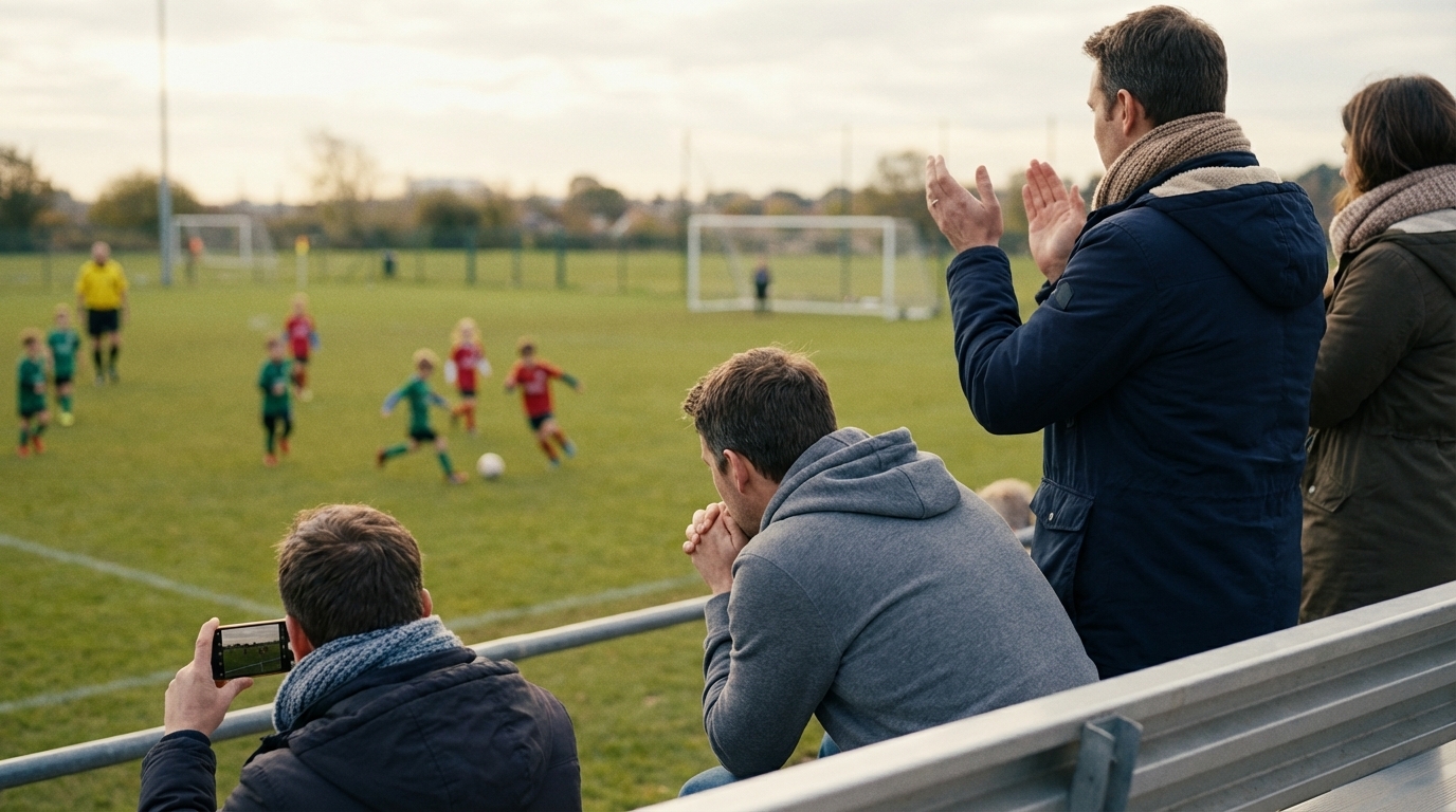 Родители на трибуне - один хлопает, другой нервничает