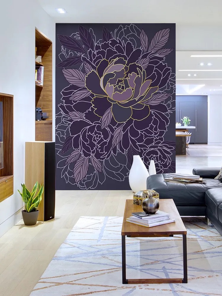 Тёмные обои с пионами в интерьере, ширина 2 метра