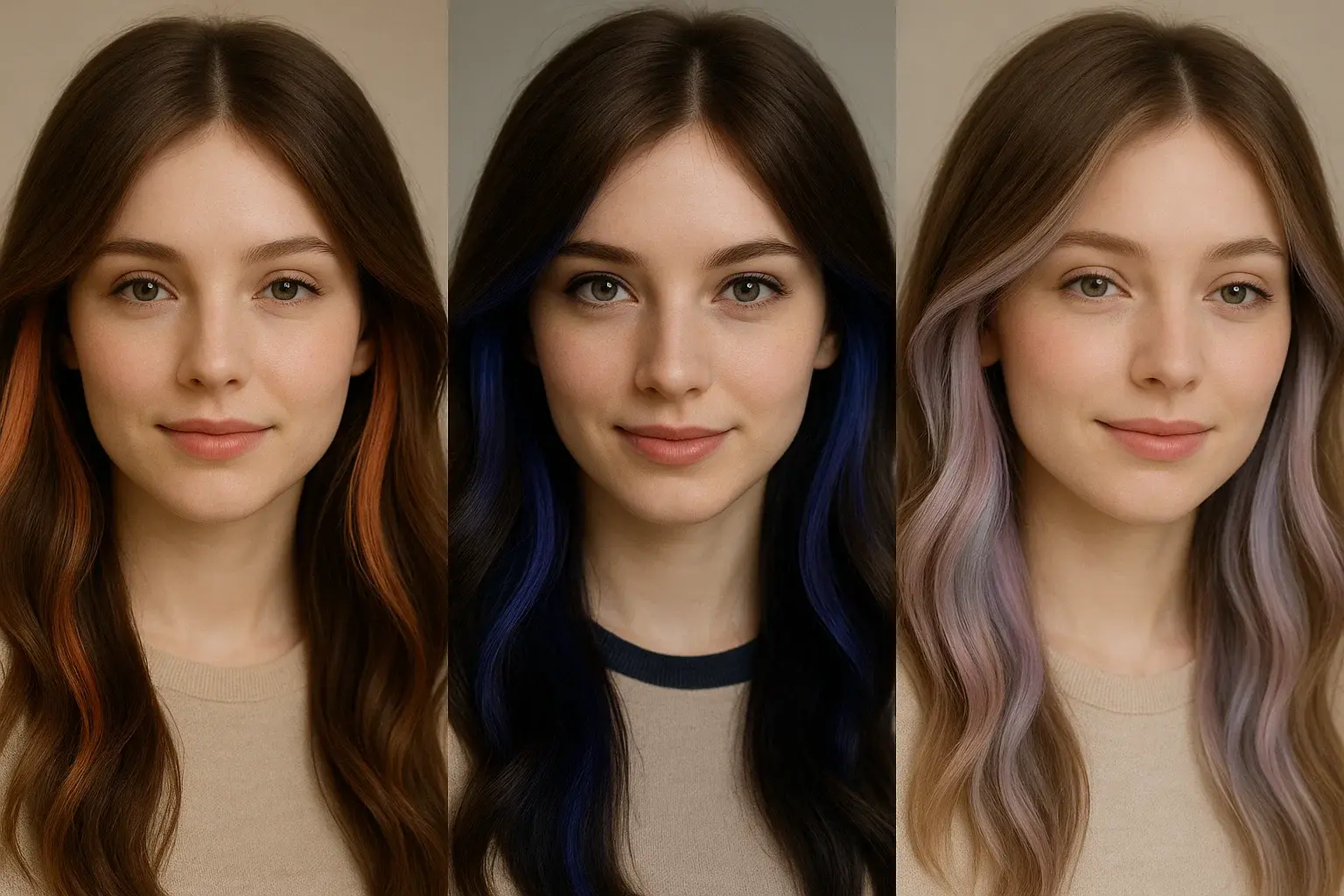 Коллаж скрытого окрашивания волос: медные пряди, синие акценты и пастельные сиреневые оттенки.