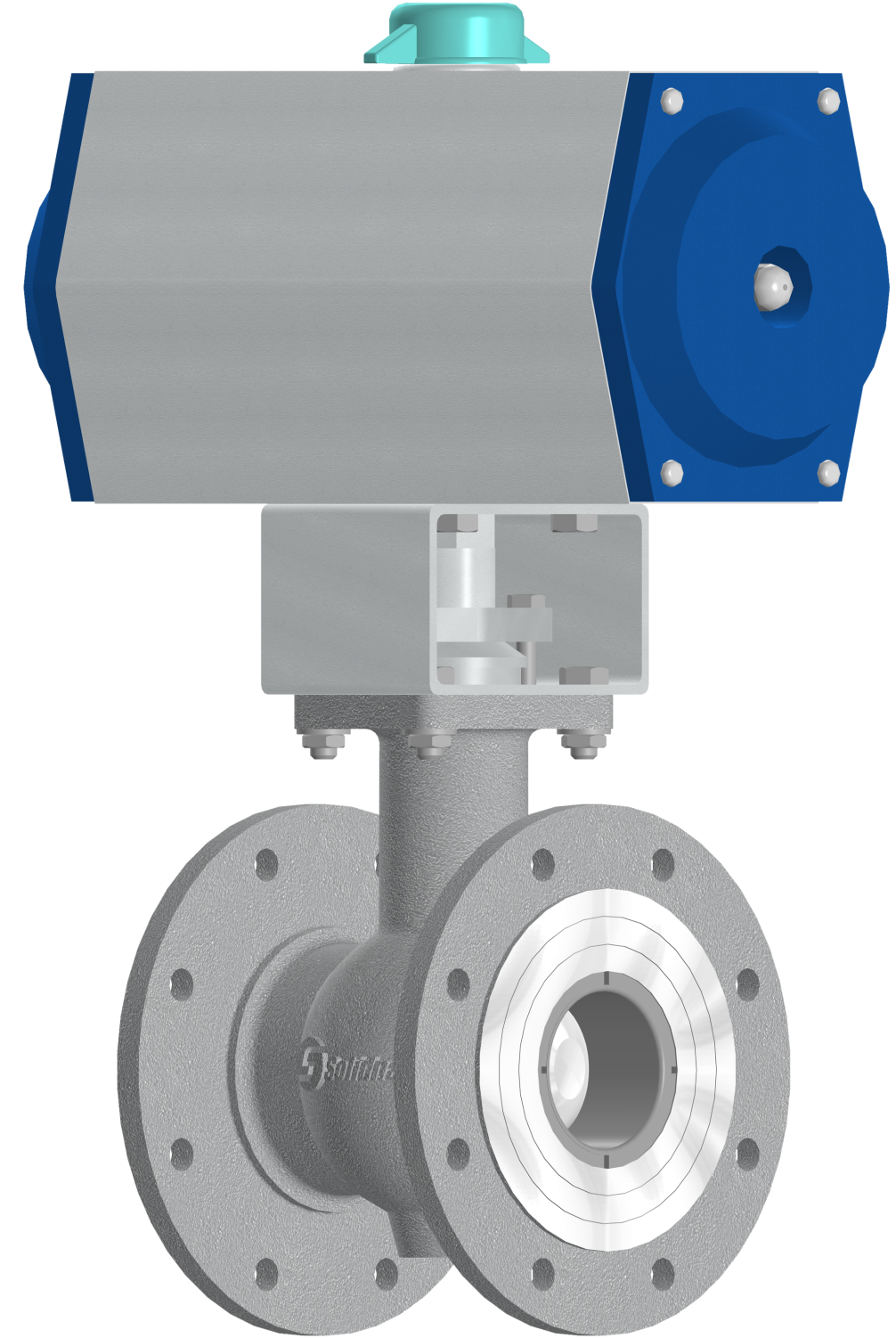 Сегментный регулирующий клапан с эксцентриковым плунжером Solidna (Солидна) с пневматическим приводом. Такую конструкцию также называют Камфлекс.