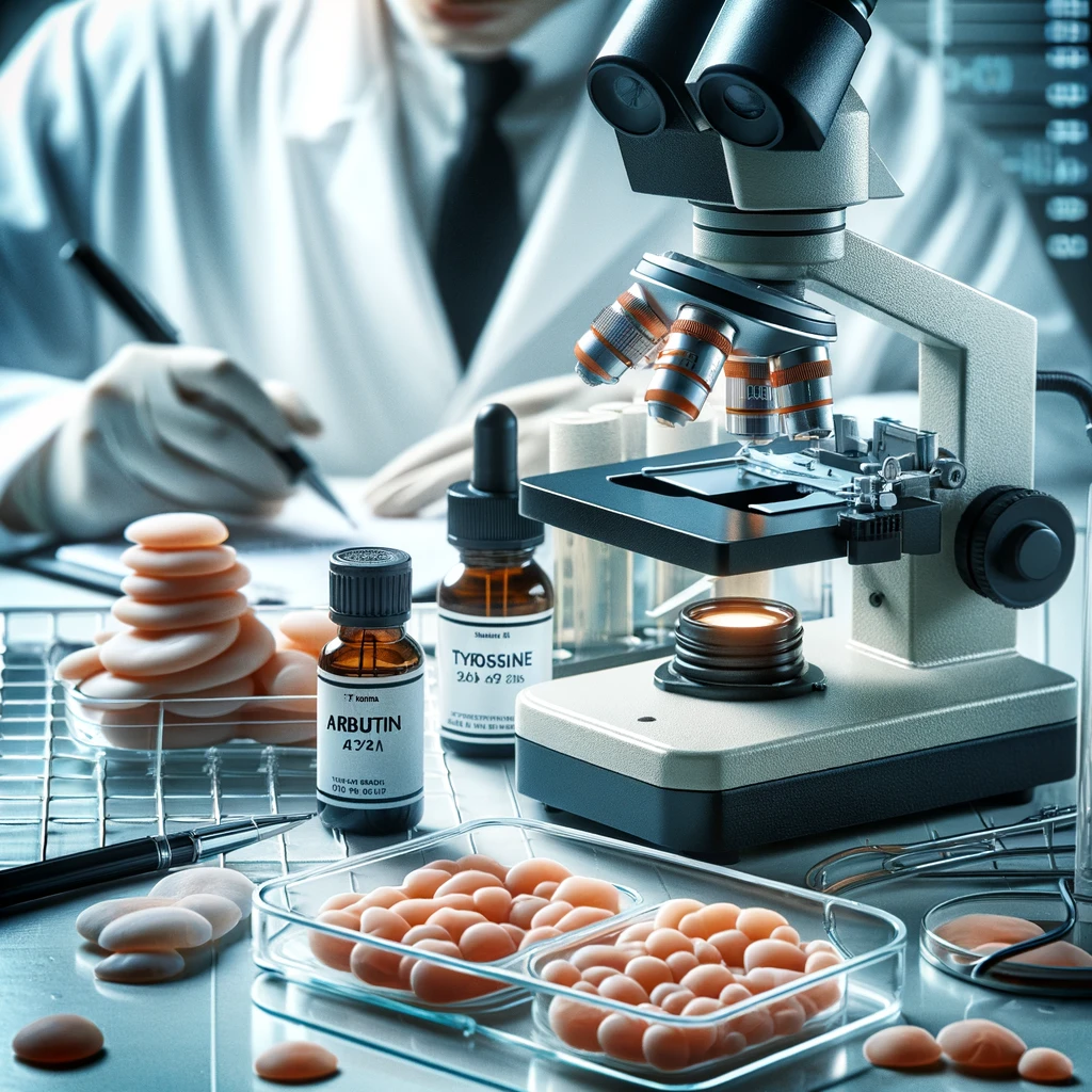 A detailed laboratory setup focused on skin cell research, featuring a microscope with visible skin cell samples. Nearby, there are tools for investigating the enzyme tyrosinase and a vial of arbutin, subtly hinting at a study related to skin pigmentation. An researcher can be seen in the background, analyzing the samples, but they are not the main focus. The scene conveys a sense of scientific research into skin lightening agents, with emphasis on the equipment and substances rather than people.