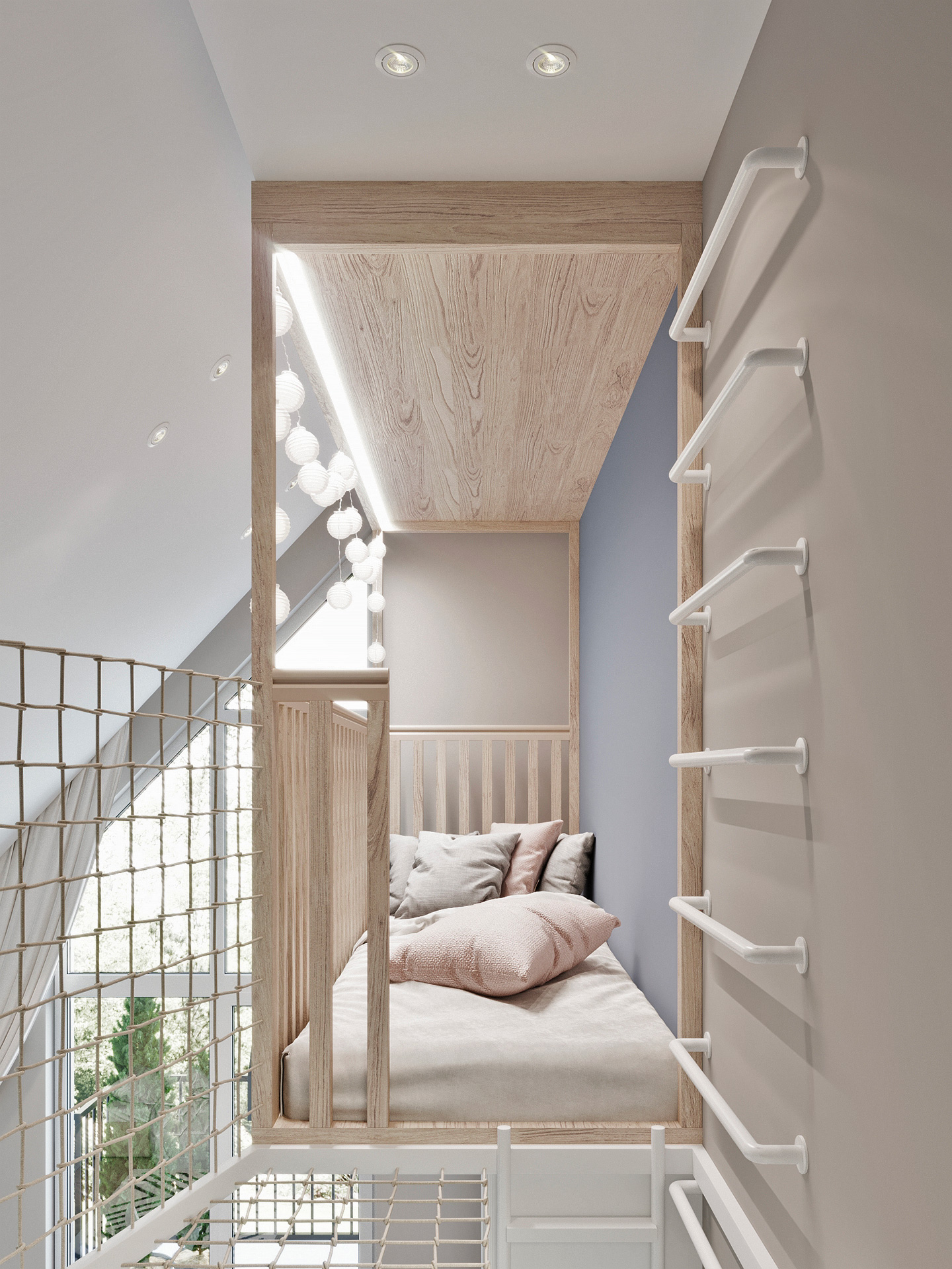 Chambre d’enfant avec escalier menant au lit en hauteur