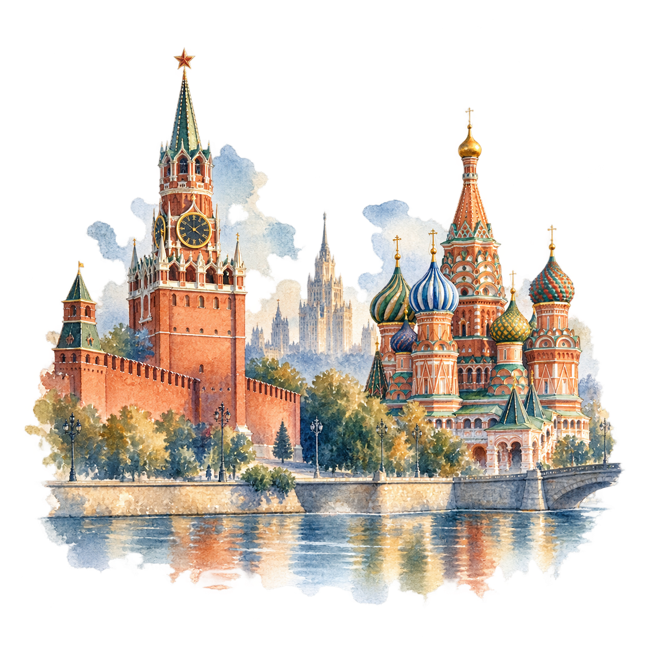 Акварельный вид Москвы осенью