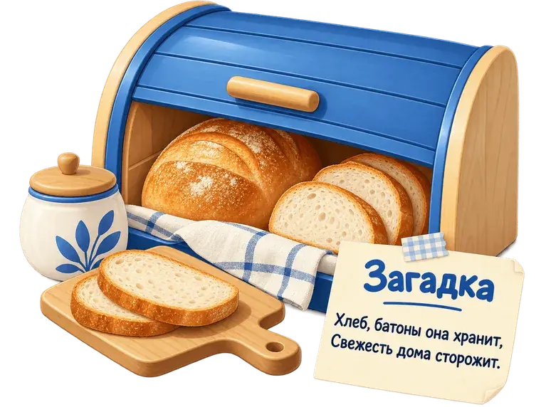 Синяя хлебница с батоном и нарезанным хлебом и записка-загадка для домашнего квеста