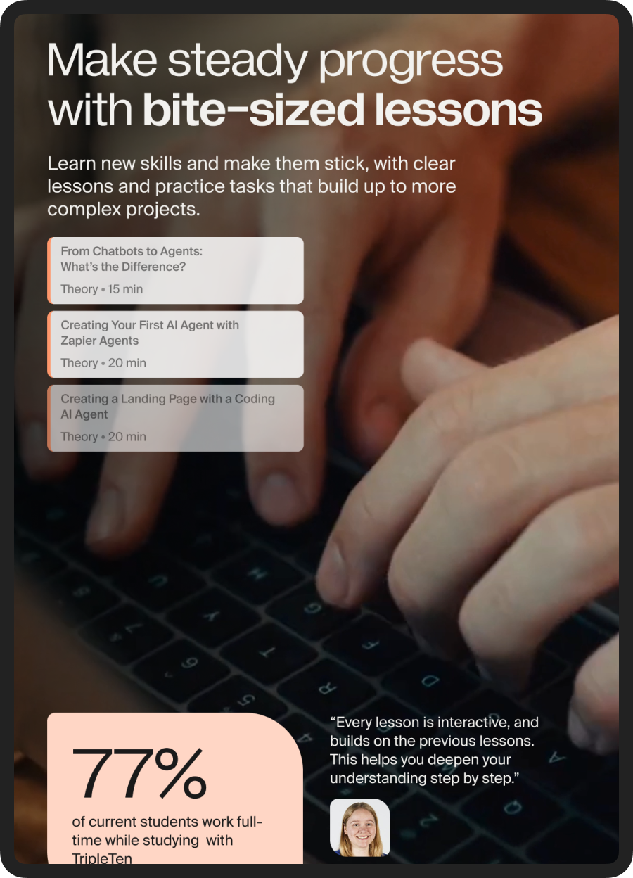 TripleTen Cybersecurity course screen, &ldquo;Make steady progress with bite-sized lessons&rdquo;, with a 77% statistic on students who study while working full-time