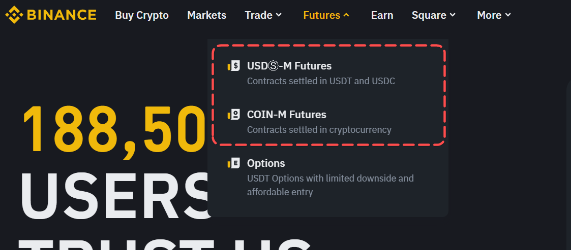 Main menu of the official Binance website