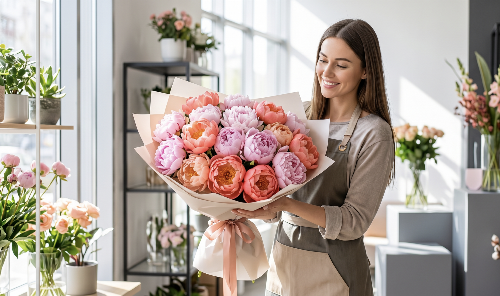 Роскошный букет из розовых и коралловых пионов в Новосибирске