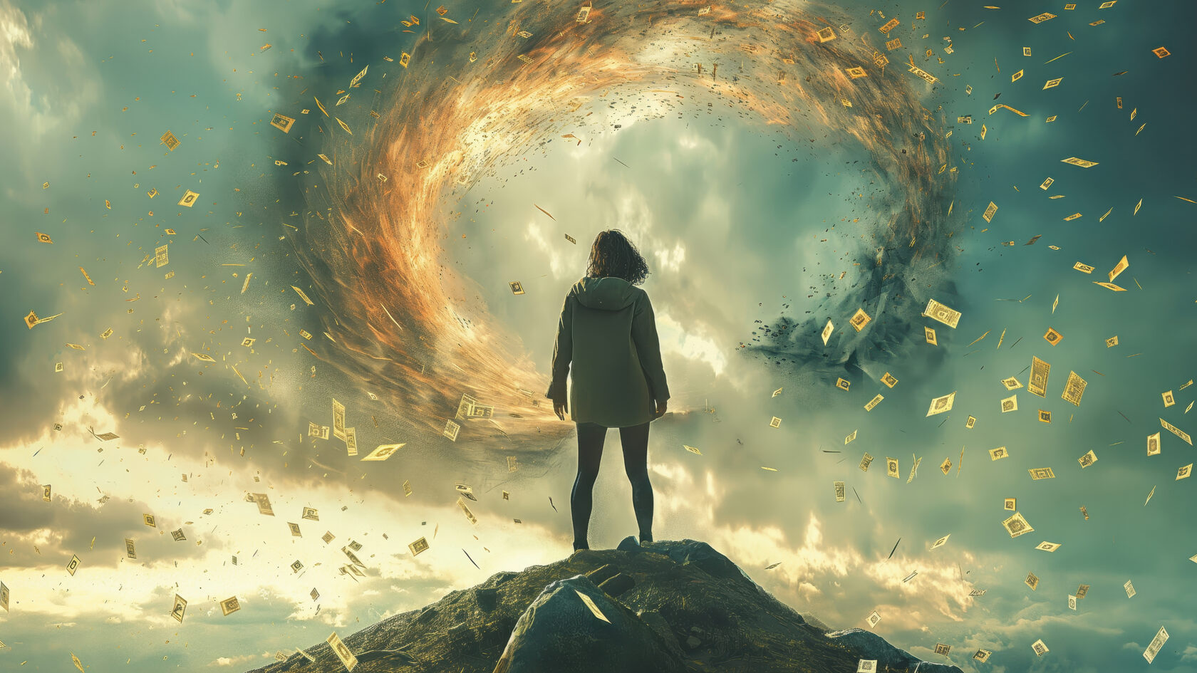 Женщина стоит на вершине горы и смотрит на вихрь из денежных купюр, закрученный в небесах. Драматичная сцена с облаками и световым эффектом, символизирующая богатство, успех и исполнение финансовых желаний