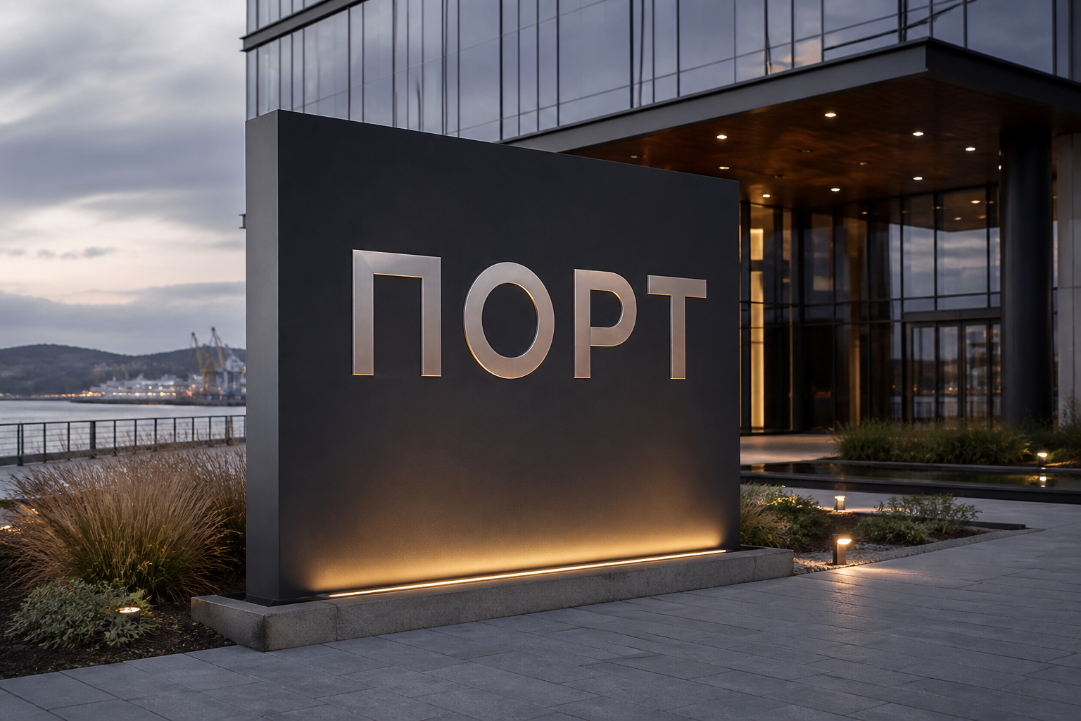 3D-рендер металлического пилона с вывеской «ПОРТ»
