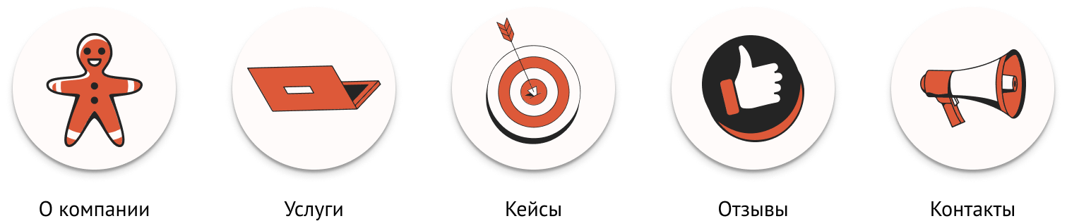 Хайлайты — круглые иконки с символами работы, коммуникации и услуг.