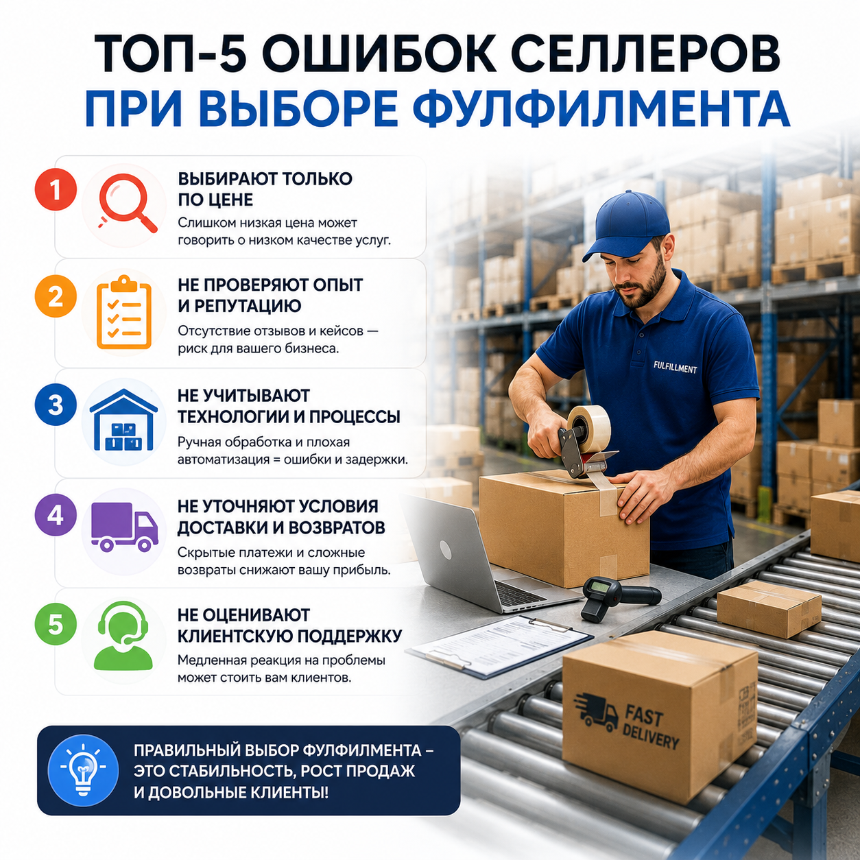 Инфографика о пяти основных ошибках селлеров при выборе фулфилмента: хранение товаров упаковка доставка возвраты и работа с маркетплейсами Wildberries Ozon и Яндекс Маркет.