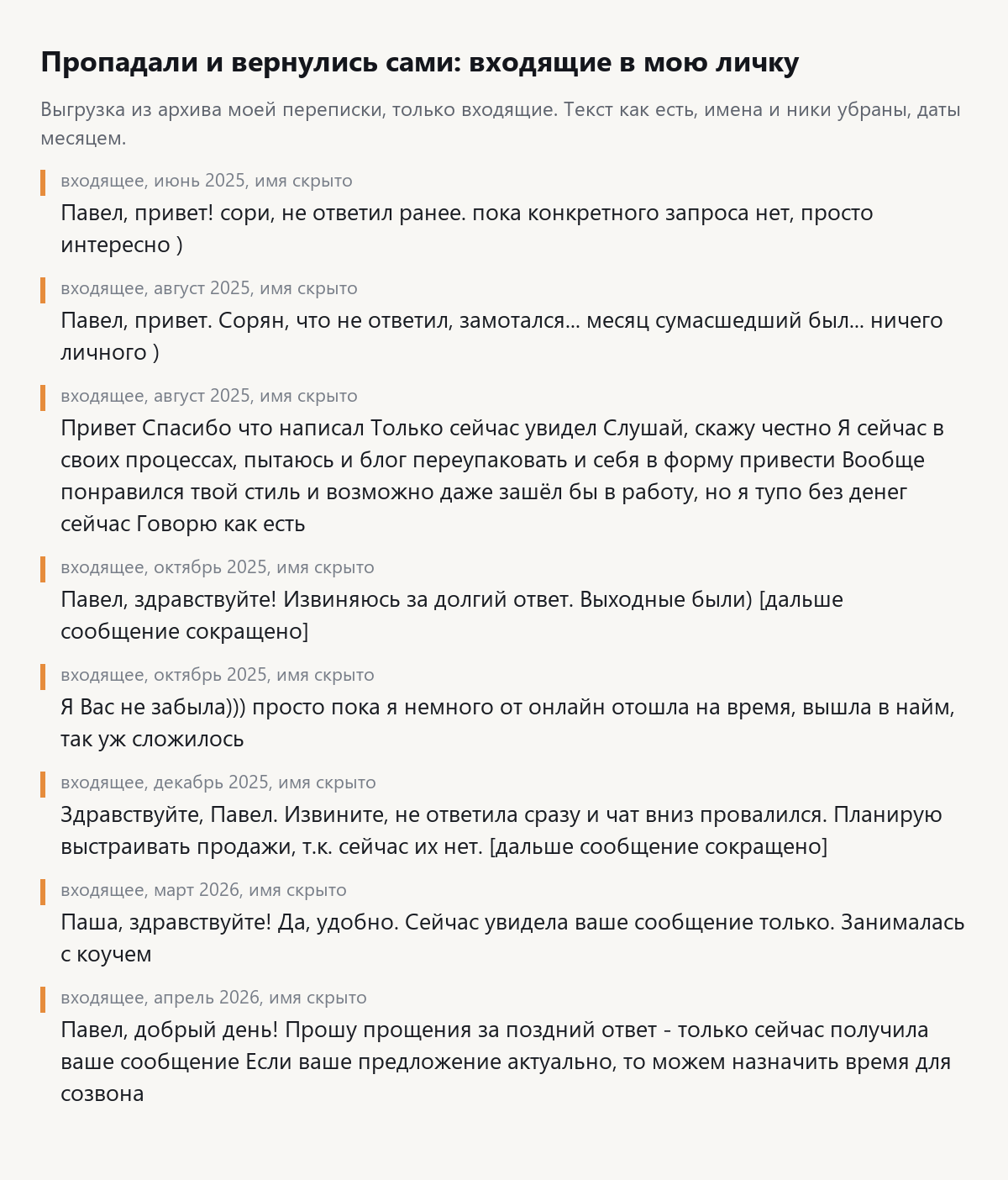 Скрин выгрузки: входящие из личной переписки от людей, которые пропадали и вернулись сами, имена скрыты