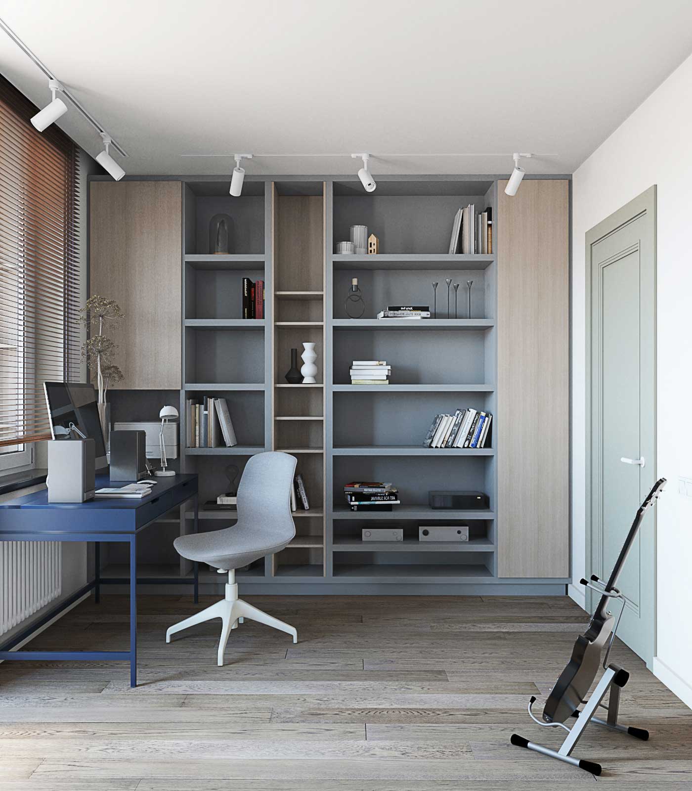 Книжные полке в кабинете, рабочий стол и кресло. Темный пол инженерная доска 