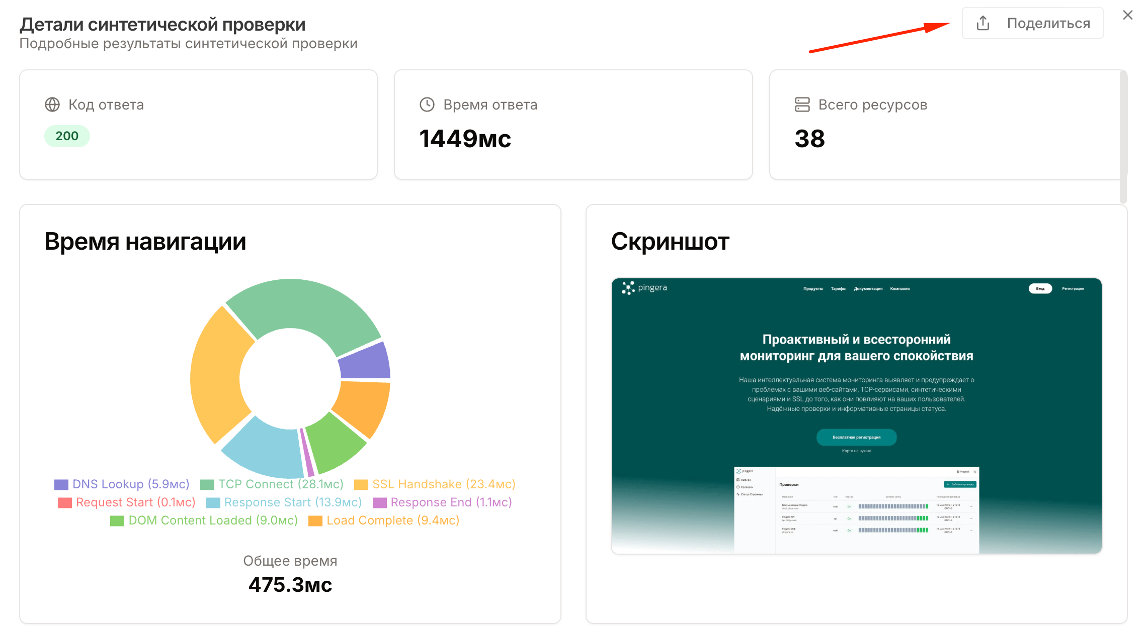 Поделиться результатом проверки в pingera.ru