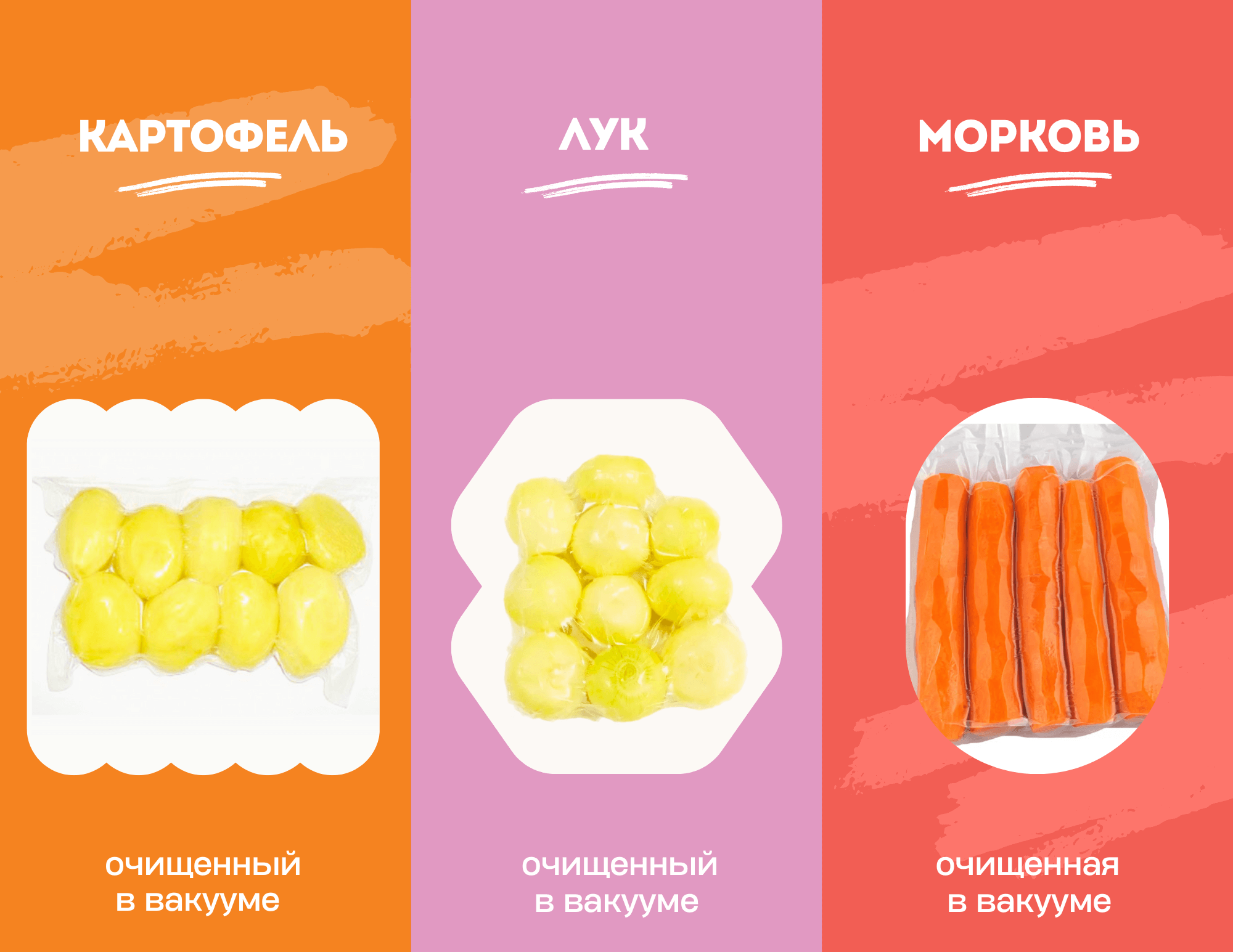 Очищенные картофель, лук и морковь в вакуумной упаковке