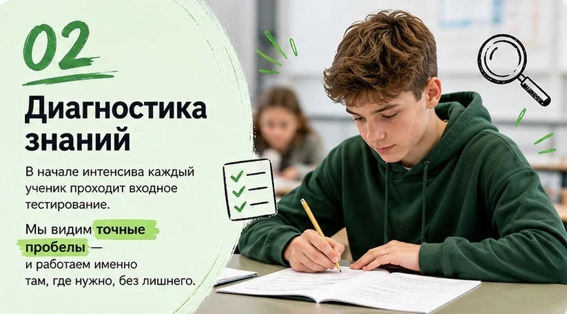 02. Диагностика знаний. В начале интенсива каждый ученик проходит входное тестирование. Мы видим точные пробелы и работаем именно там, где нужно, без лишнего.