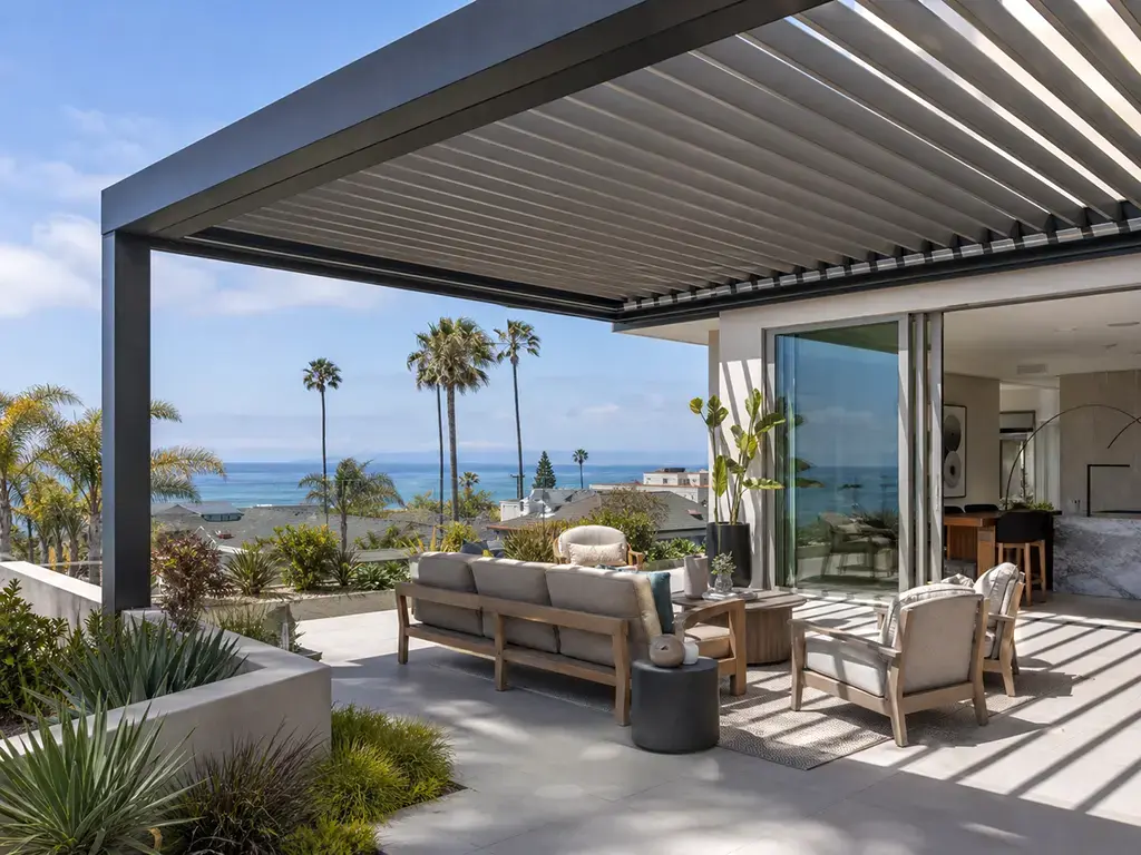 motorized louvered pergola for Palos Verdes Estates patio
