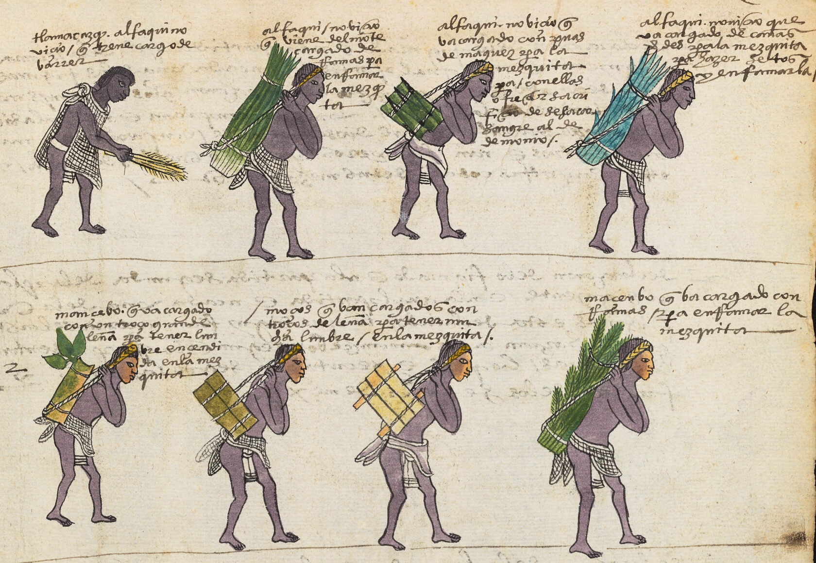 Некоторые из обязанностей учеников. Фрагмент кодекса Мендоса. Коллекция Bodleian Library, Oxford.