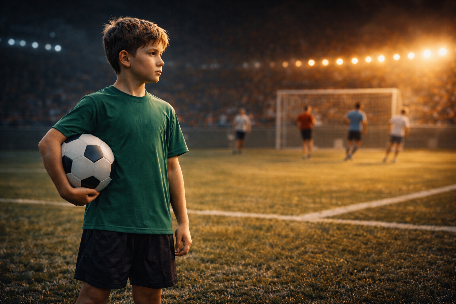 Ребёнок с мячом на футбольном поле