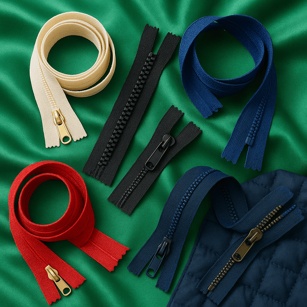 Разные виды молний на зелёной атласной ткани