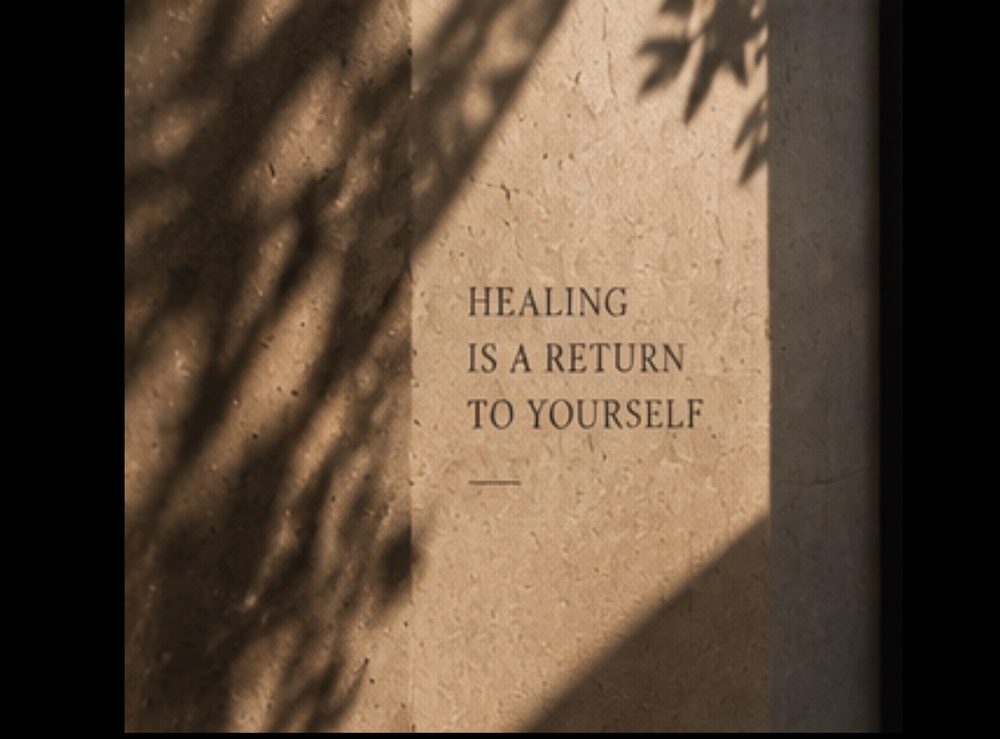 Надпись «Healing is a return to yourself» на стене в тени листвы