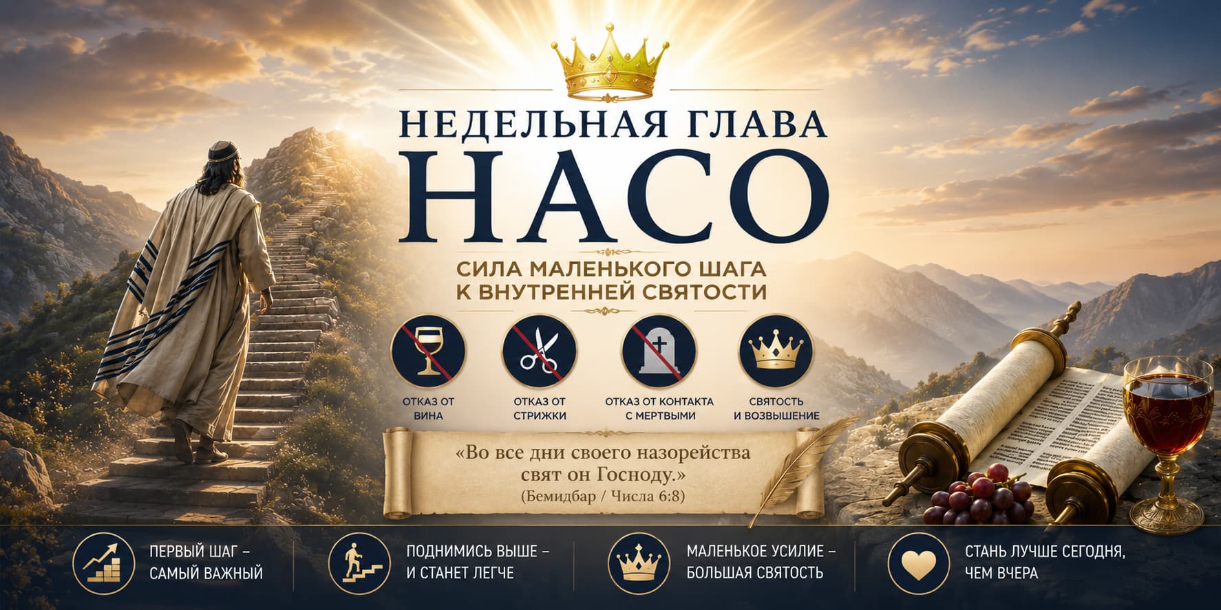 Иллюстрация к недельной главе Торы Насо - человек поднимается по каменной лестнице к свету и короне как символу духовного роста и святости. На изображении свиток Торы, символы Назирейства и цитата из книги Бемидбар.
