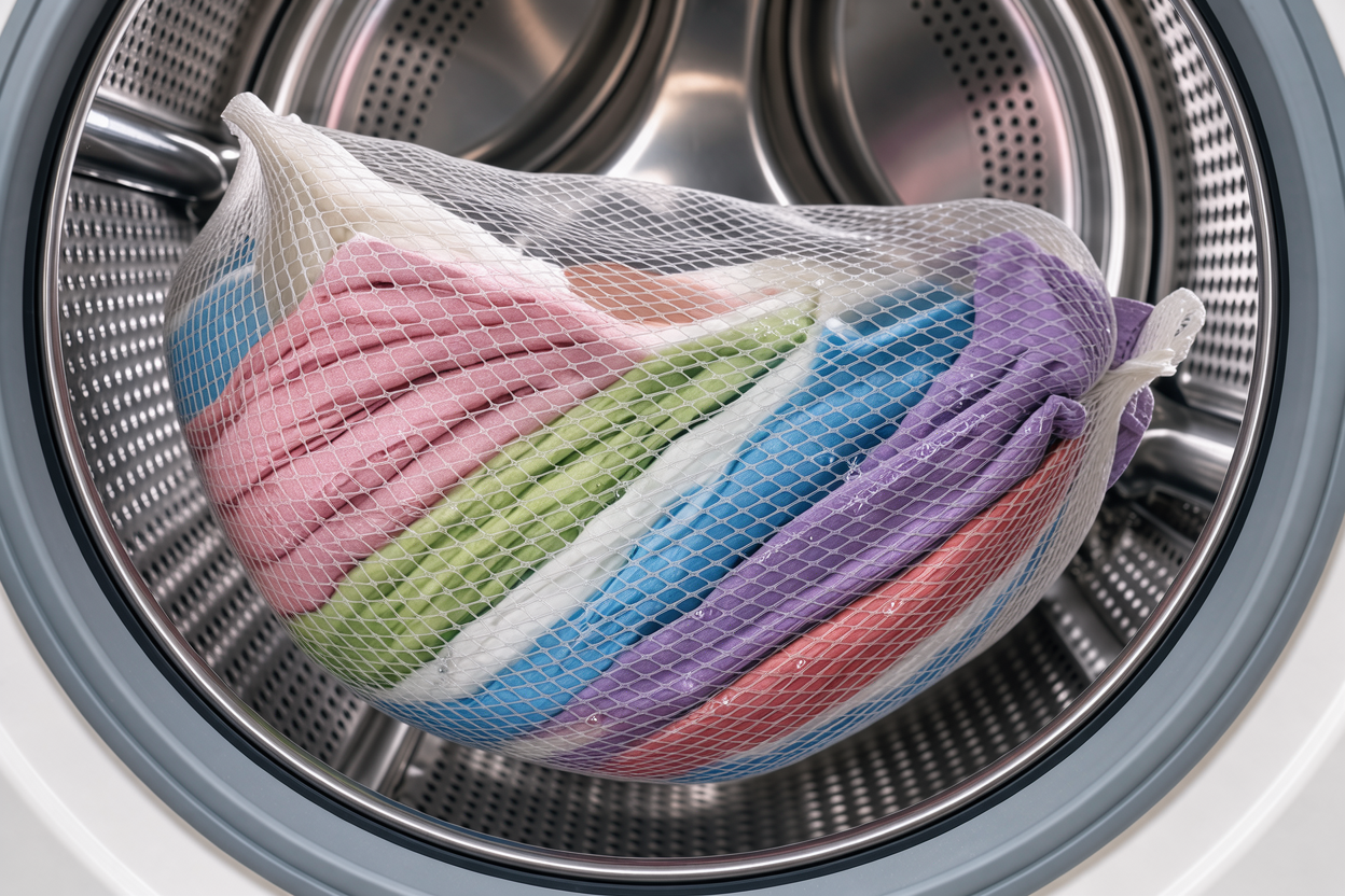 delicate curtains placed inside a mesh laundry bag in a washing machine drum, focus on fabric folds and gentle motion