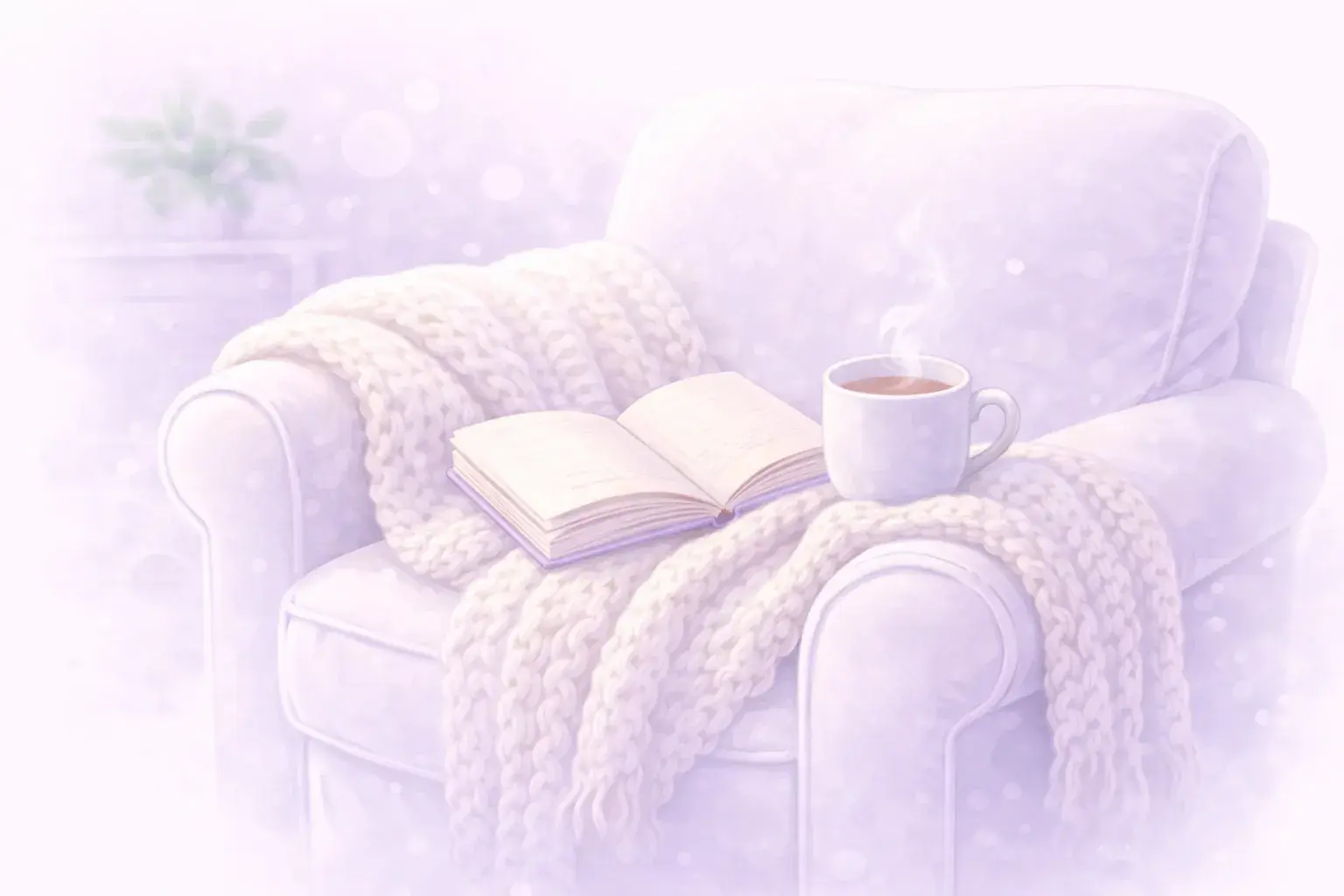 Уютное белое кресло с вязаным пледом, книгой и чашкой чая