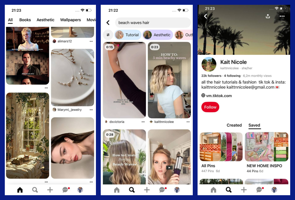 The image contains screenshots of the general Pinterest feed, the search results feed, and the creator's profile.
