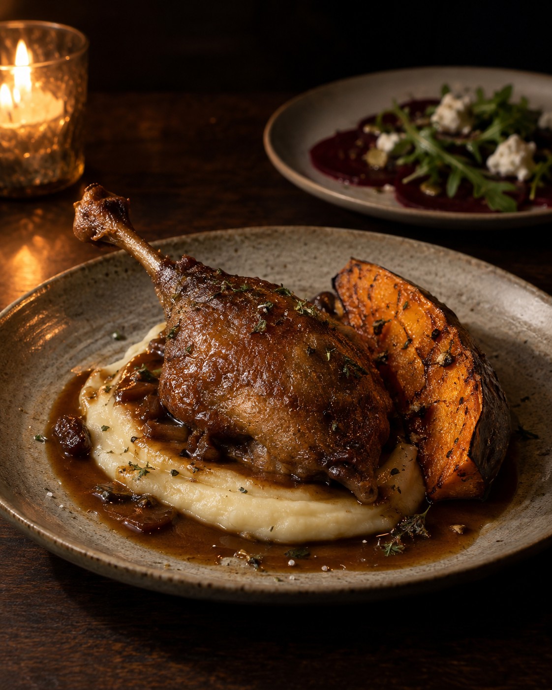 Confit duck leg on potato purée with chestnut jus and baked pumpkin, beetroot carpaccio with goat cheese behind, by candlelight, by Miami private chef Marina Staver