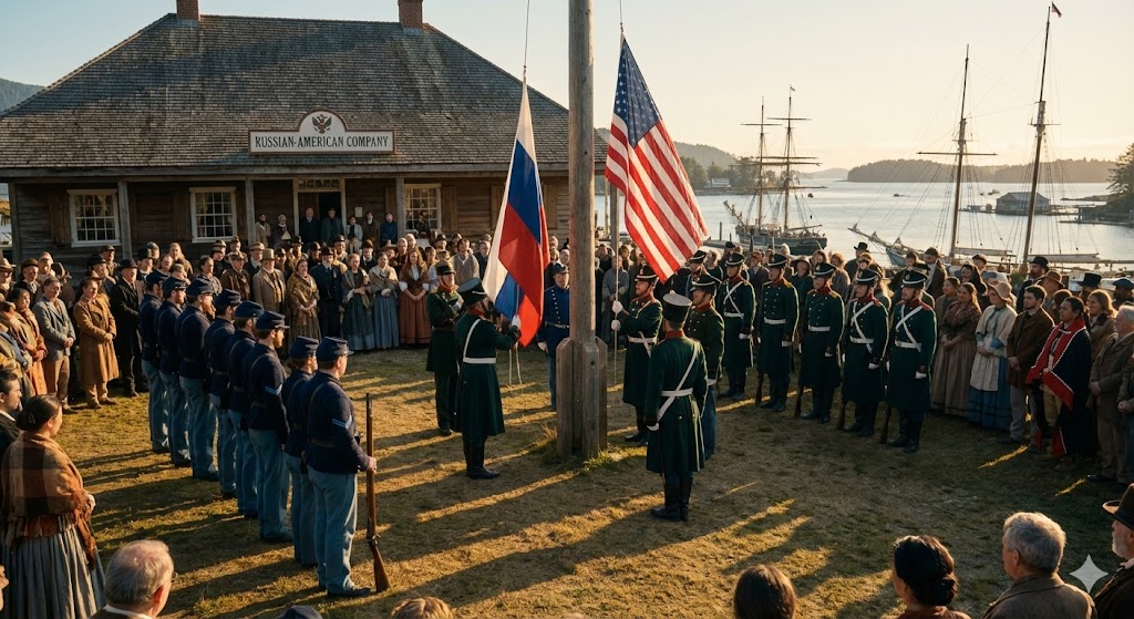 Историческая реконструкция церемонии передачи Аляски и поднятия флага США в Ситке
