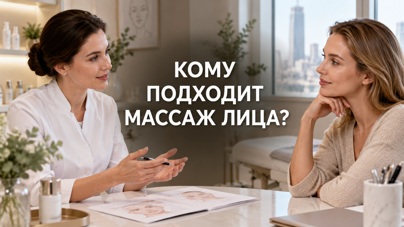 Клиентка обсуждает уход за кожей со специалистом в кабинете; по центру вопрос «Кому подходит массаж лица?»
