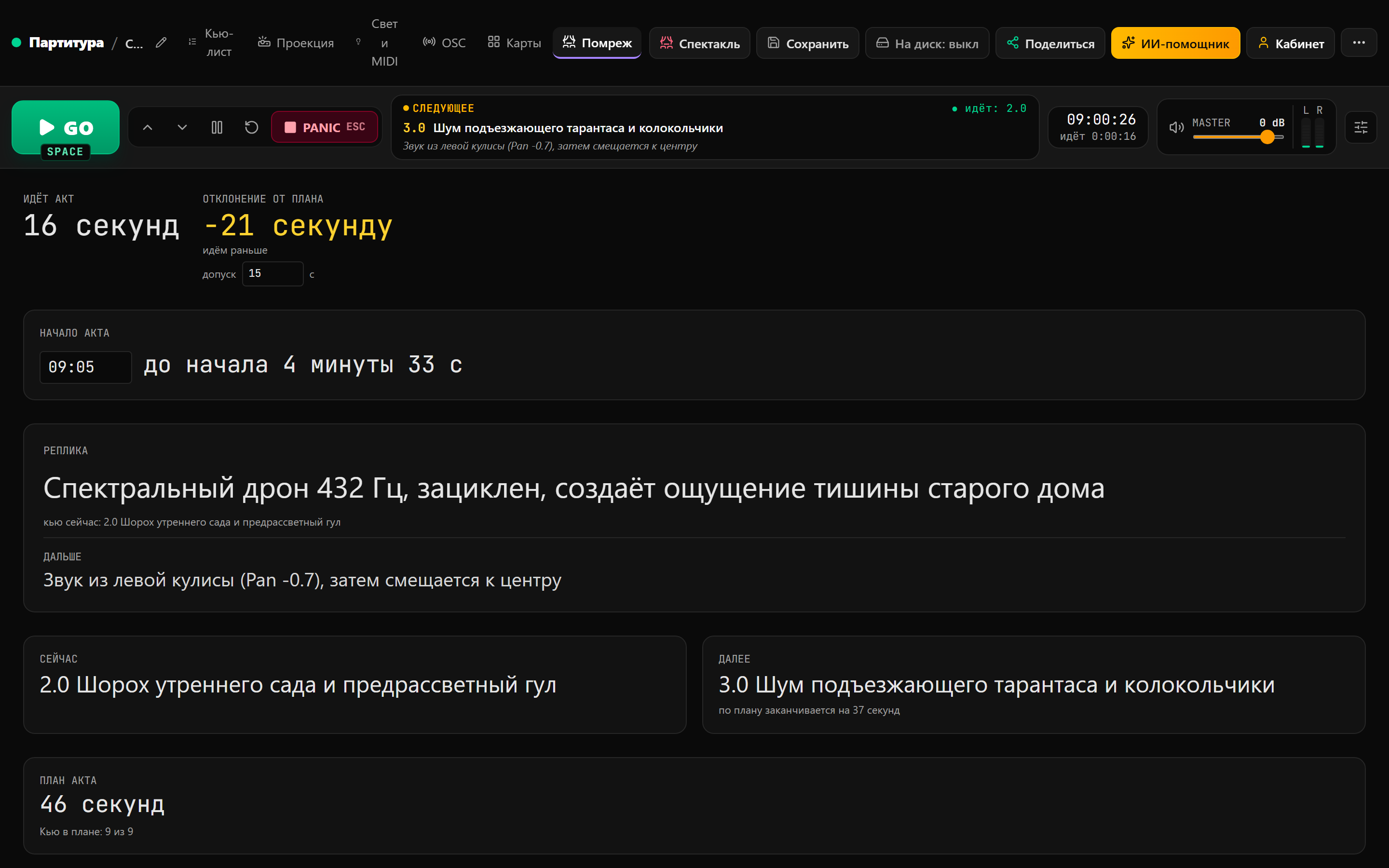 Экран помрежа во время спектакля: хронометраж акта, отклонение от плана, обратный отсчёт до начала и реплика текущего кью