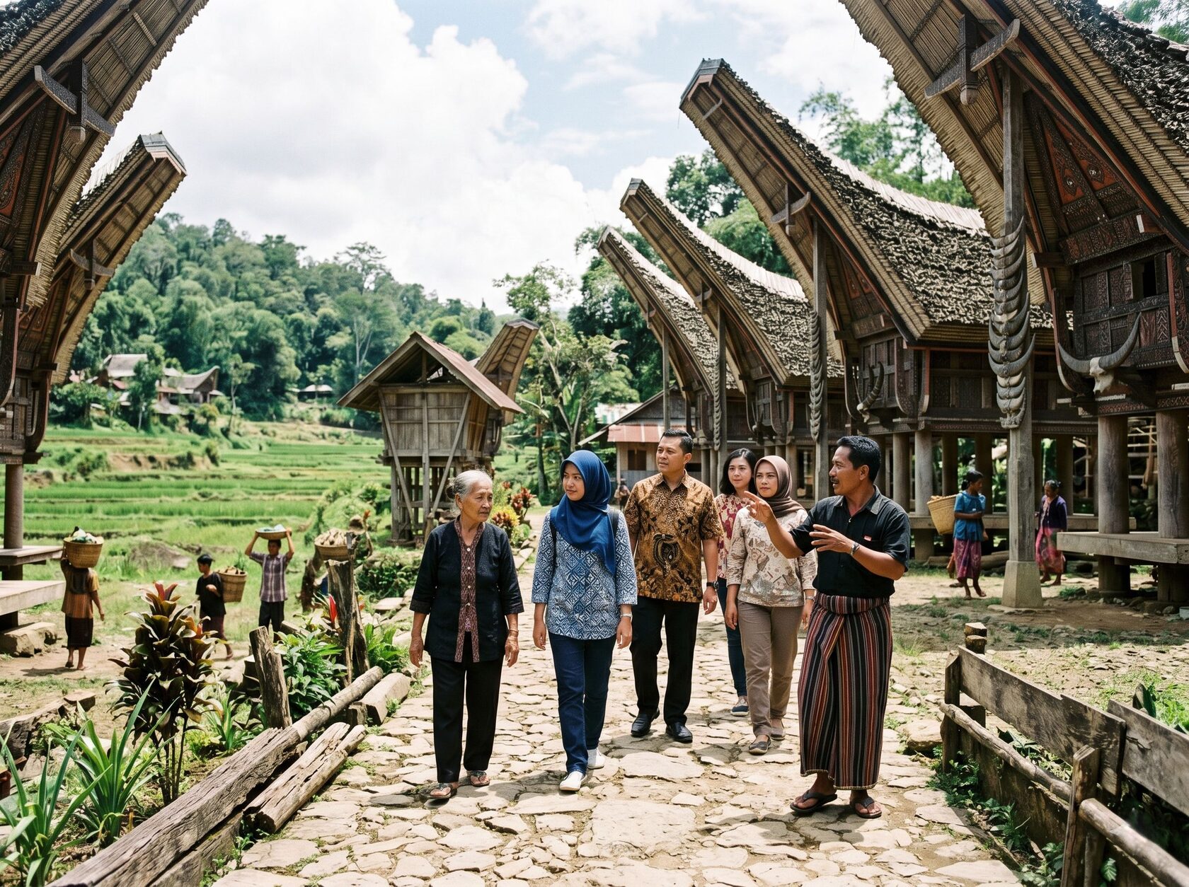 Wisatawan mengunjungi desa adat Toraja dengan sikap hormat