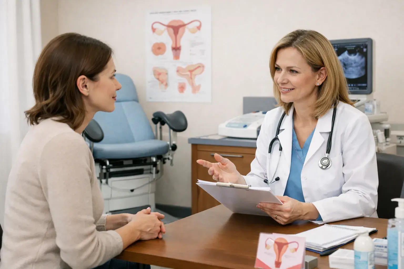 Женщина на приеме у врача обсуждает симптомы ГУМС