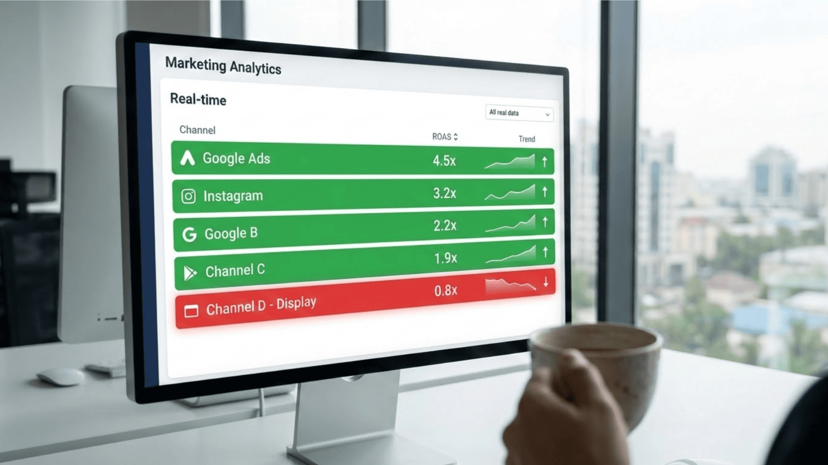 Real-time marketing analytics dashboard showing ROAS optimization data and underperforming ad channel metrics, illustrating continuous campaign monitoring for enterprise budget management.