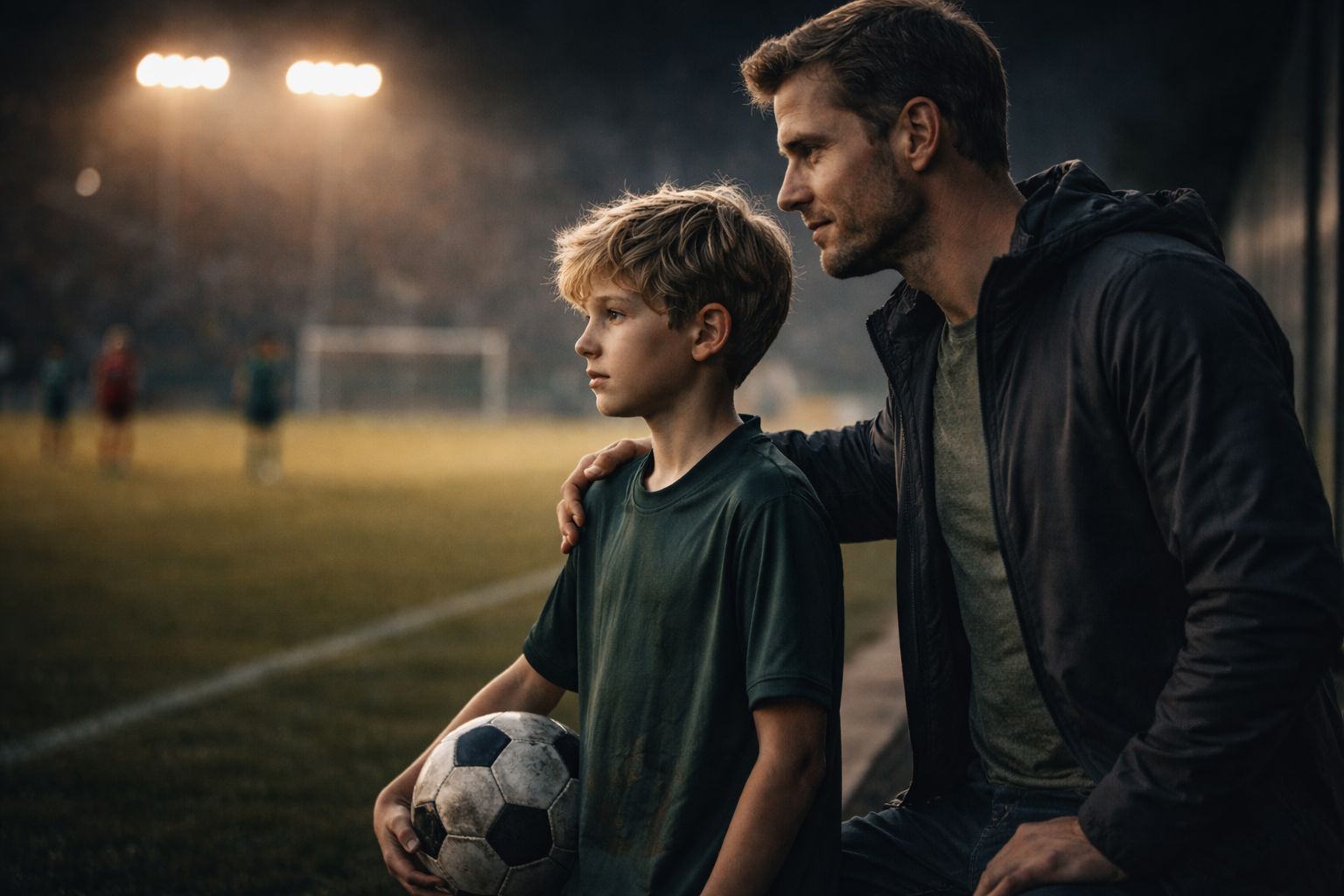 Родитель поддерживает ребёнка после матча