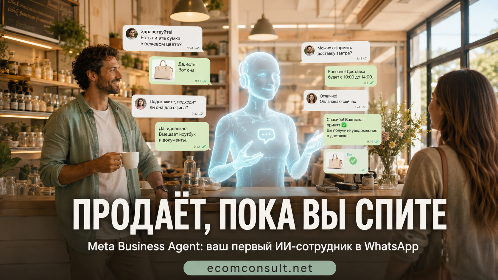 AI-голограмма в образе продавца стоит за стойкой кафе и одновременно ведёт несколько диалогов в WhatsApp: отвечает на вопрос о сумке подтверждает доставку и принимает оплату. Рядом улыбающийся владелец с кофе в руке