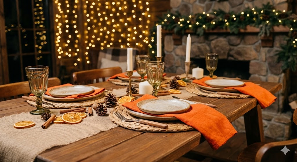 Декор стола сушеными апельсинами и корицей для праздничного настроения.