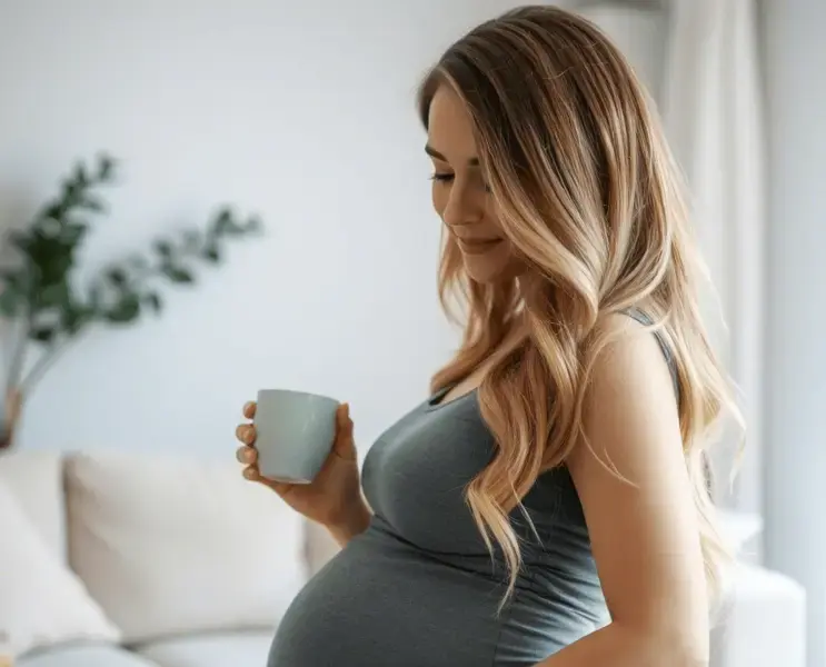 Счастливая беременная женщина с красивыми густыми волосами, светлый фон, уютная домашняя одежда.