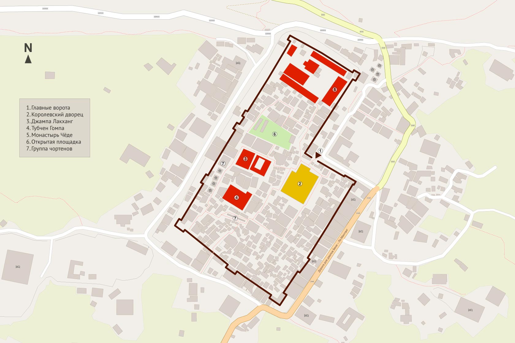 Схема Ло-Мантанга с расположением трех монастырей внутри крепостной стены: Джампа Лакханг, Тубчен Гомпа и монастырь Чёде, Верхний Мустанг, Непал