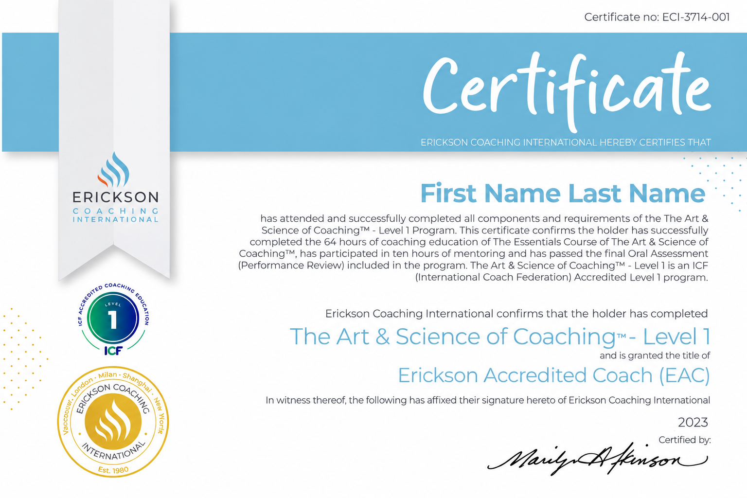 Образец сертификата Level 1 Erickson Coaching International