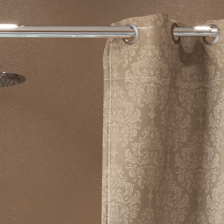 штора для ванной комнаты бежевая с вензелями на кольцах