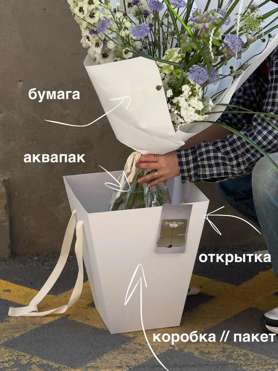Курьер бережно несёт авторский букет в защитной транспортировочной коробке-трапеции и куполе из крафт-бумаги
