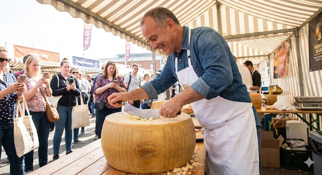 Шеф-повар нарезает большую головку пармезана на фестивале в честь дня сыра