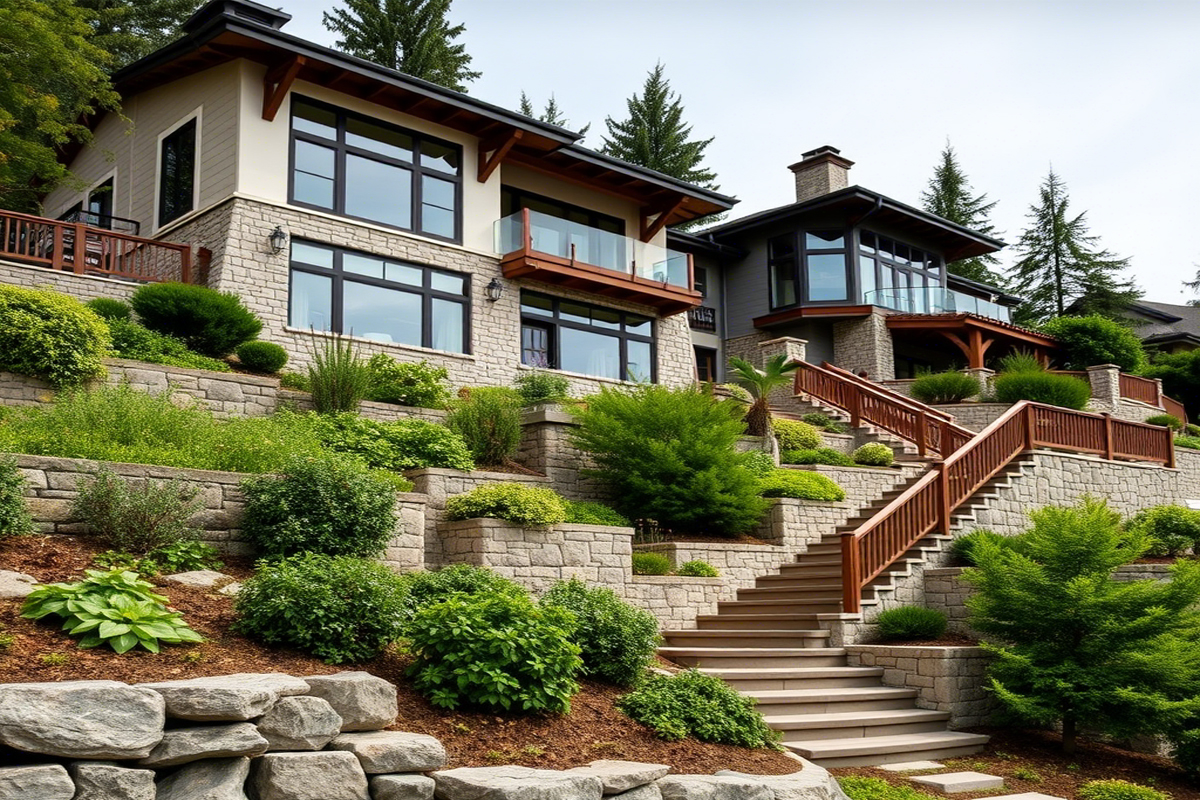 Приватный дом на склоне с подпорными стенками, лестницами и ландшафтом, подчёркивающим архитектуру — пример премиального проектирования.