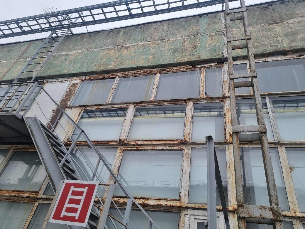 Фрагмент фасада здания в осях Б-В/10. Разрушение материала заполнения между оконной рамой и стеновой панелью. Коррозия металлических оконных рам 30 %.
